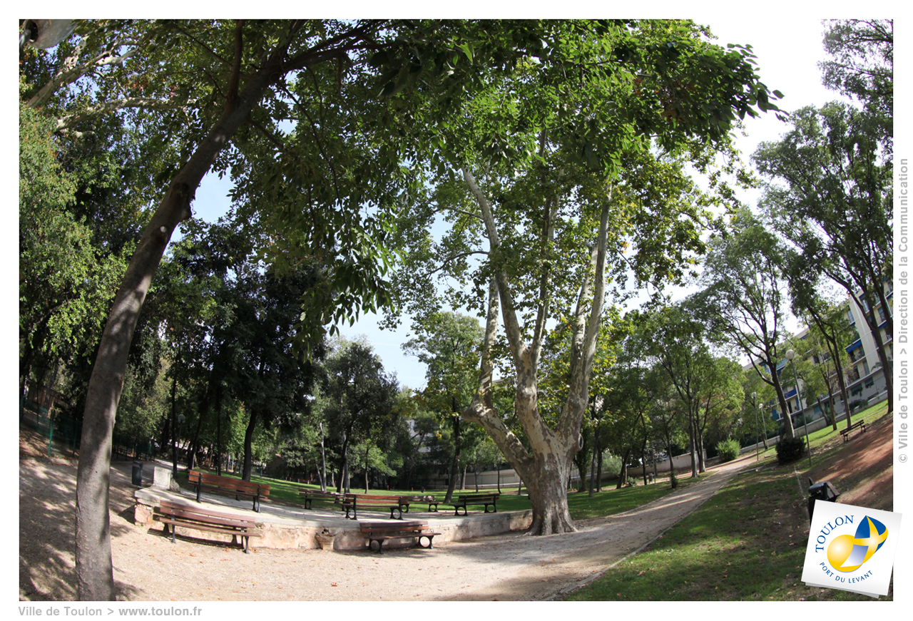 Vue sur le parc et ses bancs à l'ombre des grands arbres.