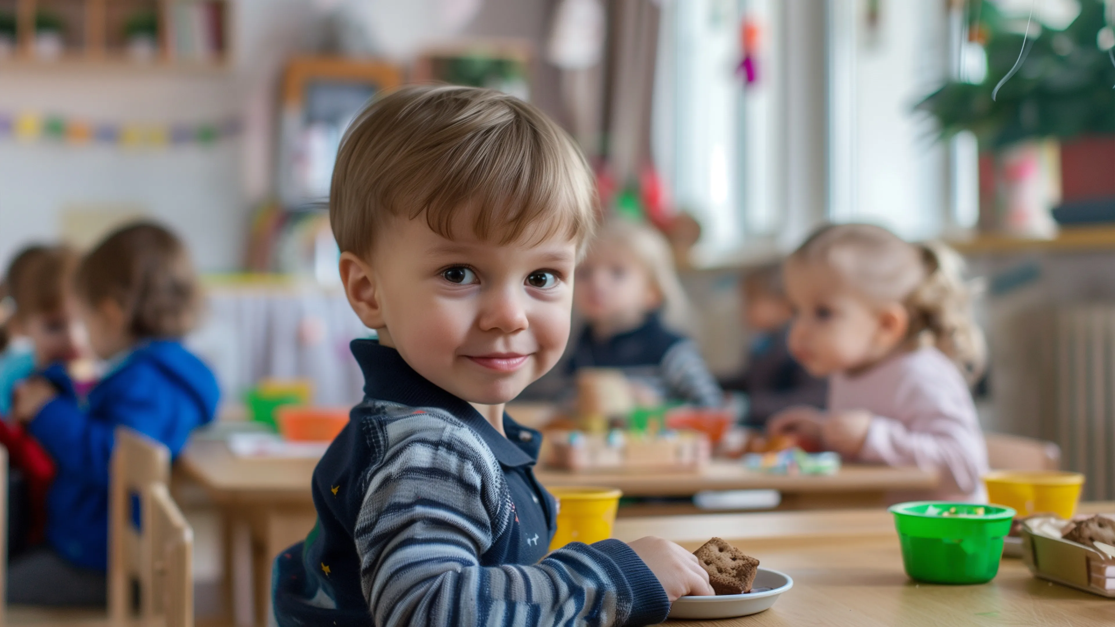 La photo montre un enfant assis dans une salle de classe. 
