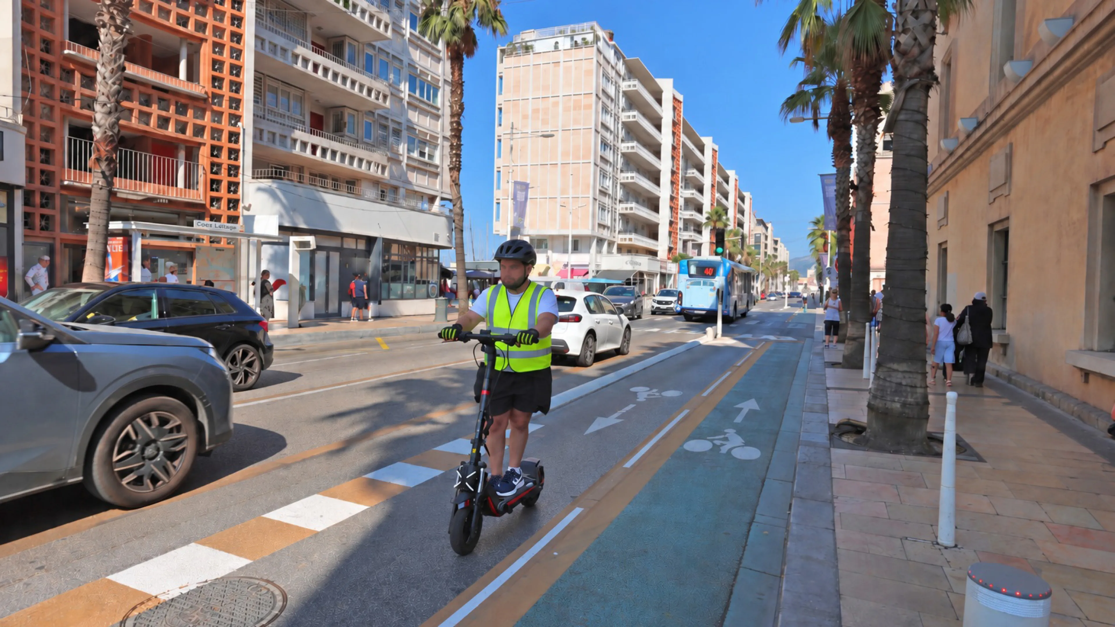 La photo montre une personne faisant de la trottinette électrique et portant les nouveaux équipements obligatoires