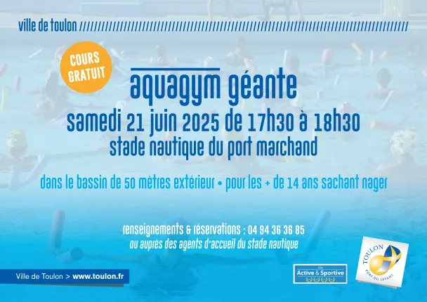 Affiche d'annonce de l'aquagym géante sur fond de photo de piscine