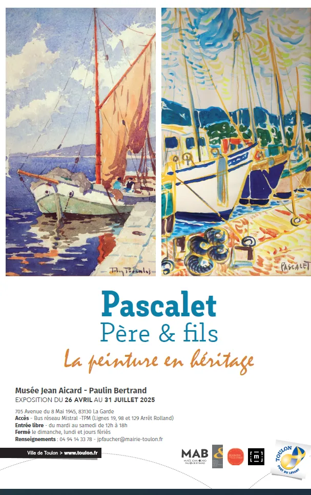 2 marines des peintres Pascalet (Père et fils) constituent l'annonce de l'exposition du 26 avril au 31 juillet