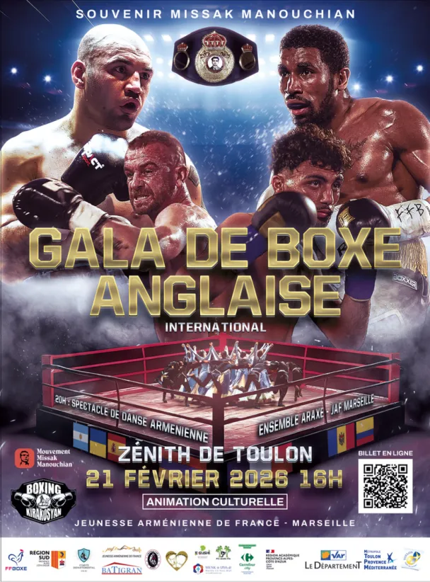 Cette image est une affiche promotionnelle pour un événement sportif et culturel intitulé "Gala de Boxe Anglaise International", qui se déroulera prochainement à Toulon.