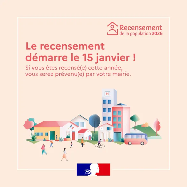 Il s’agit d’une affiche officielle et institutionnelle annonçant le recensement de la population 2026 en France. Le fond est de couleur beige clair, avec une mise en page épurée et moderne.