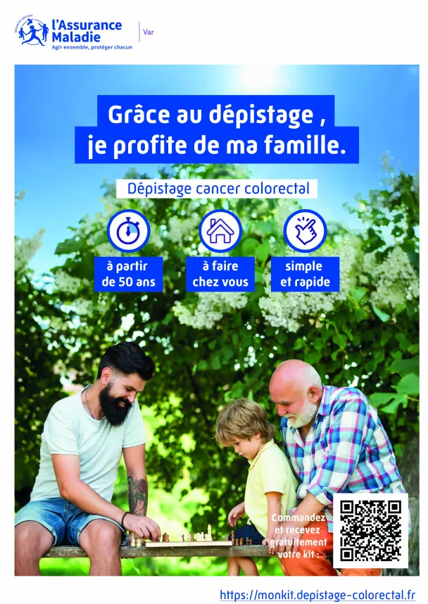 Pour la campagne de dépistage du cancer colorectal, l'affiche met en scène 3 générations d'hommes : un grand-père, son fils et son petit-fils.