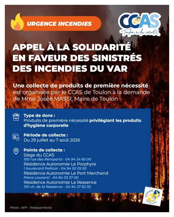 Affiche réalisée par le CCAS de Toulon mentionnant toutes les informations pratiques relatives à la collecte organisée en faveur des sinistrés des incendies du Var