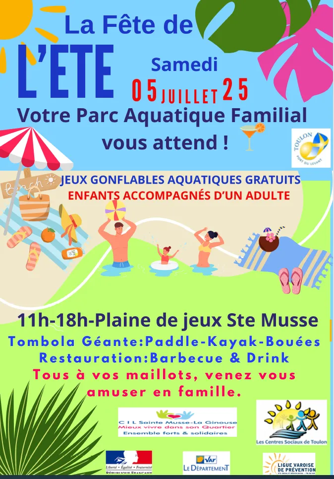 Affiche annonçant la fête de l'été le 5 juillet sur la plaine des jeux de Sainte-Musse. Dessins : soleil, parasol, baigneurs