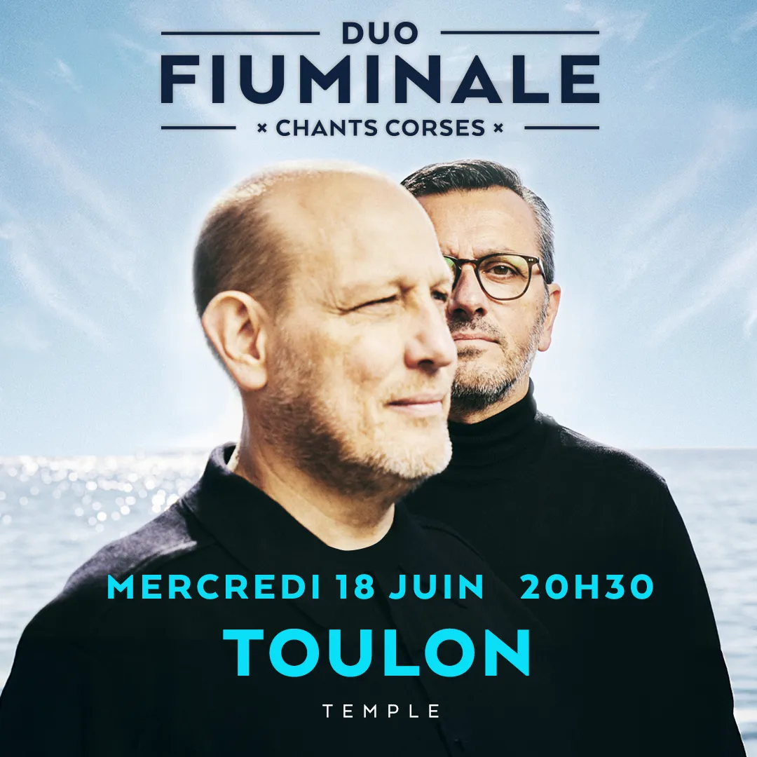 Photo de 2 hommes, celui du fond porte des lunettes. En lettres capitales, il est écrit "duo FIUMINALE" TOULON, en petites lettres mercredi 18 juin 20h30, temple