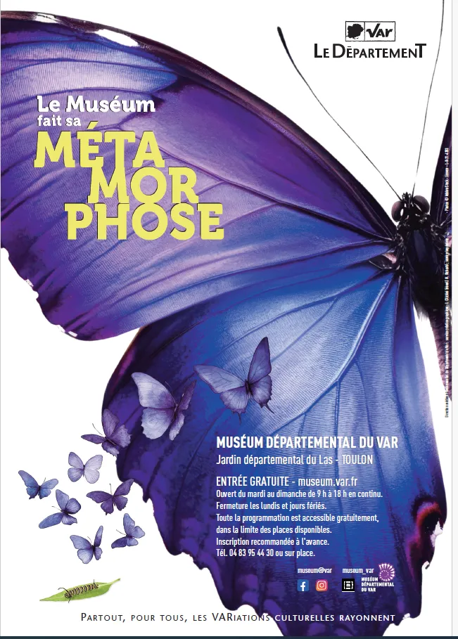 Affiche du Muséum faisant un jeu de mots "Le muséum fait sa métamorphose"