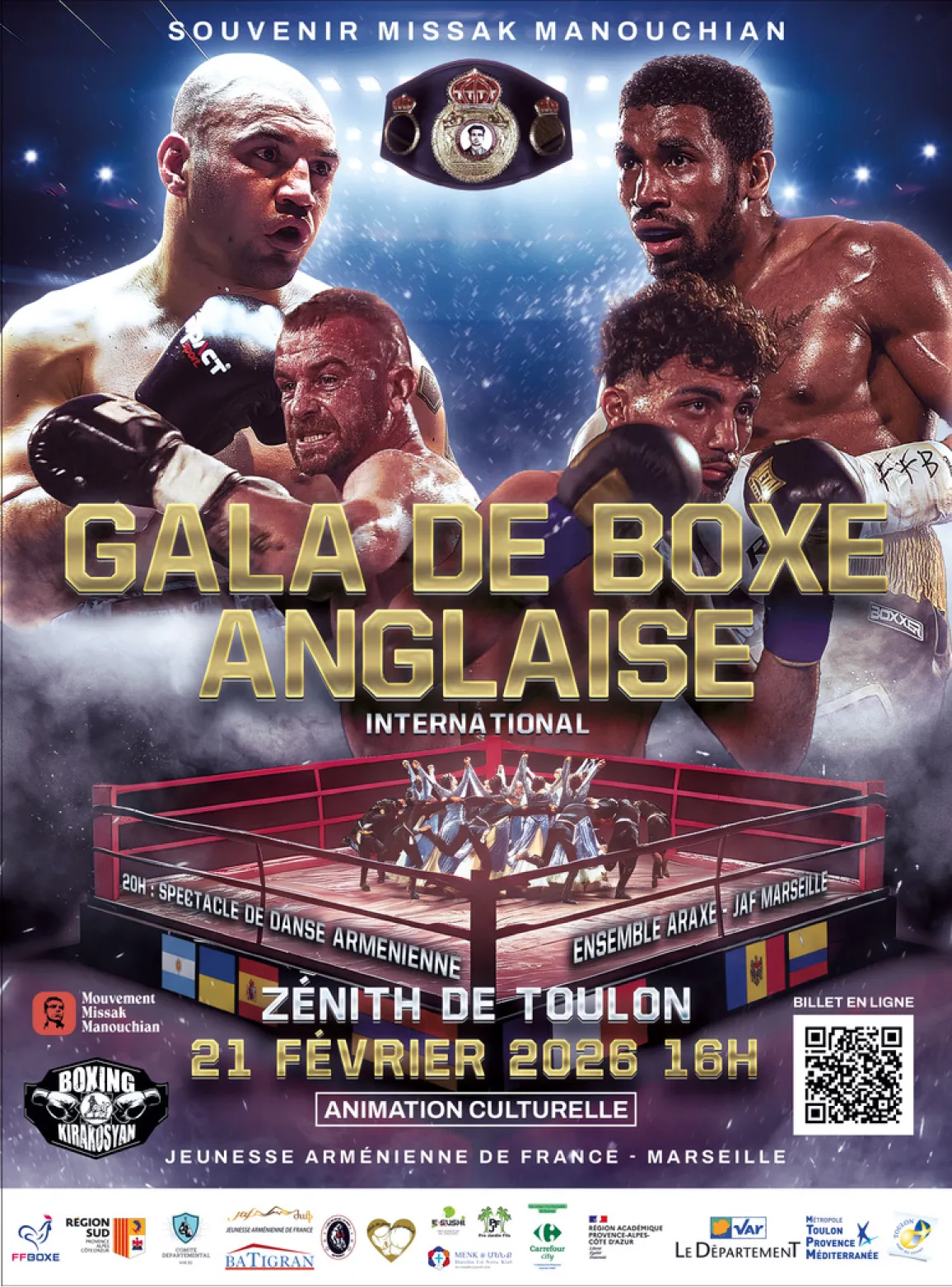 Cette image est une affiche promotionnelle pour un événement sportif et culturel intitulé "Gala de Boxe Anglaise International", qui se déroulera prochainement à Toulon.