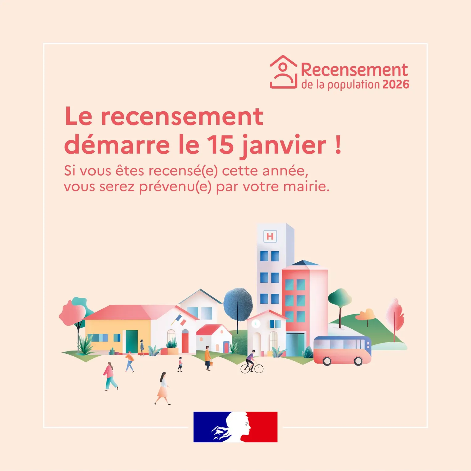 Il s’agit d’une affiche officielle et institutionnelle annonçant le recensement de la population 2026 en France. Le fond est de couleur beige clair, avec une mise en page épurée et moderne.