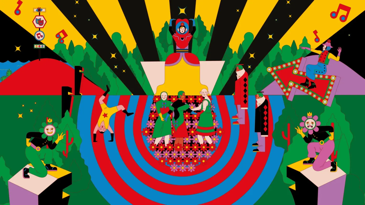 Cette image est une illustration vibrante et hautement stylisée qui évoque l'univers du spectacle, du cirque ou d'un festival imaginaire. Le style est moderne, utilisant des aplats de couleurs vives et des formes géométriques nettes qui rappellent le mouvement Pop Art ou l'illustration contemporaine vectorielle.