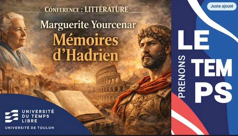 Affiche annonçant la conférence "Mémoires d'Hadrien"