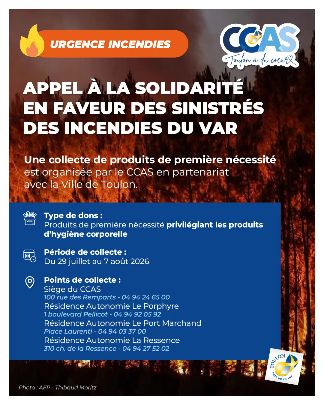 Appel à collecte au profit des sinistrés des incendies du Var