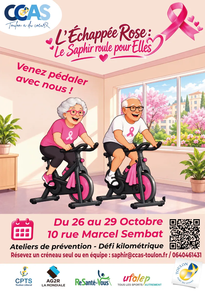 affiche de l'échappée rose au saphir à l'occasion d'octobre rose avec des personnes qui pédalent 