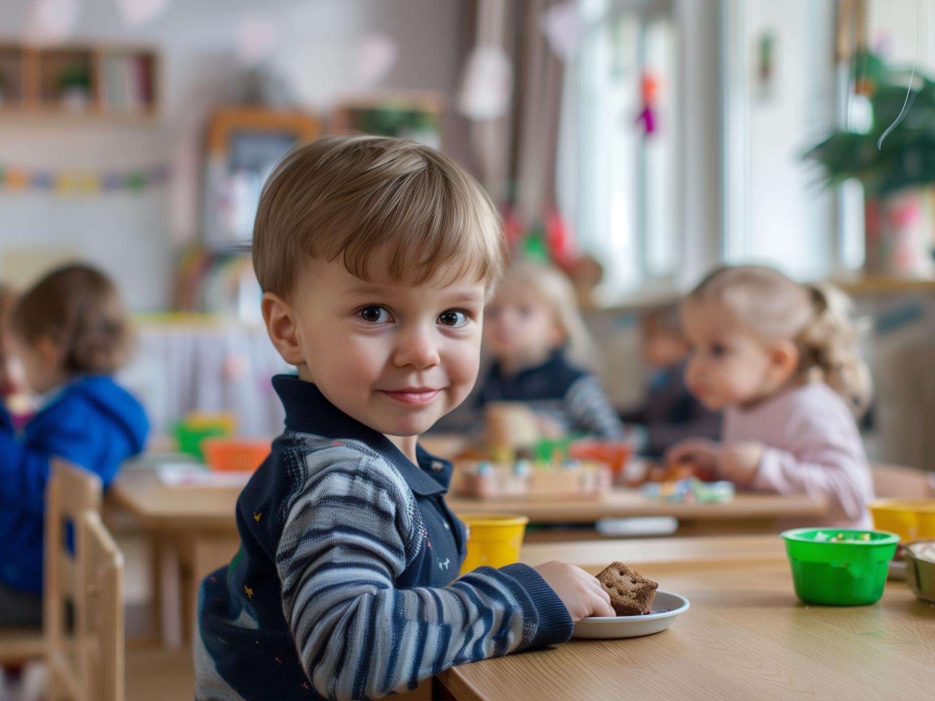 La photo montre un enfant assis dans une salle de classe. 