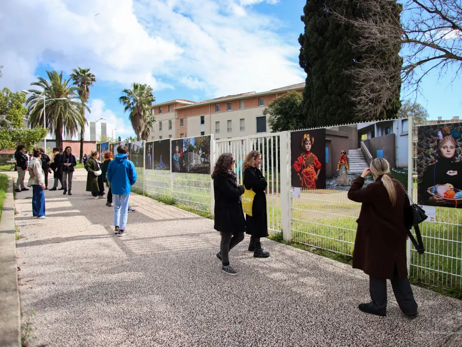 Photo montrant l'exposition et les participants contemplant les illustrations
