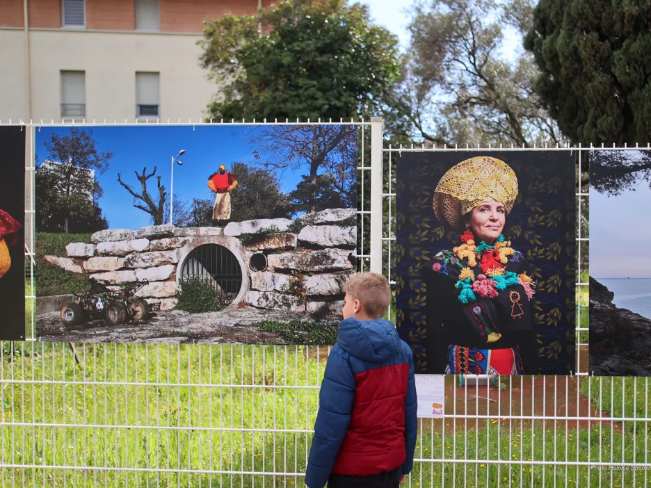 Photo d'un jeune garçon de dos contemplant les illustrations exposées sur un grillage