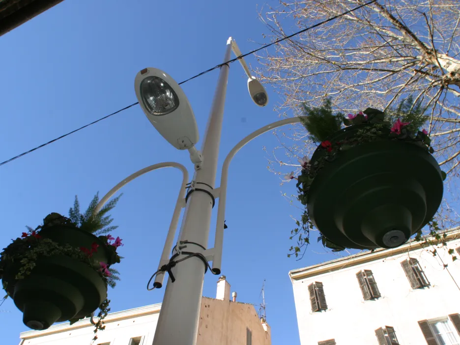Photographie de jour montrant un lampadaire vu du dessous. Le lampadaire est doté de deux pots de fleurs, un à droite, l'autre à gauche